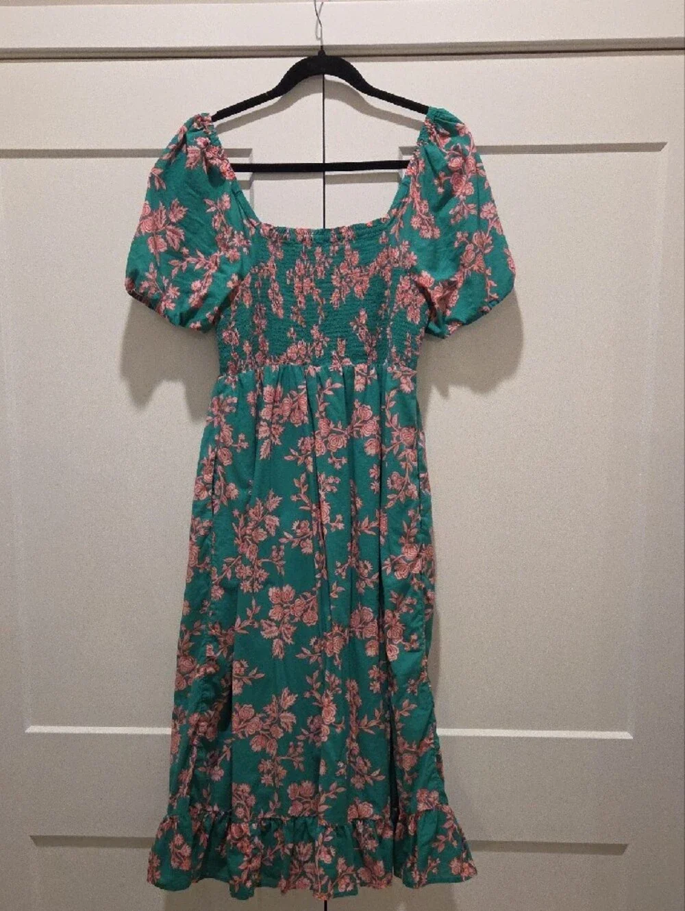 J. Crew Green Midi Smocked Dress with Pink Floral Print